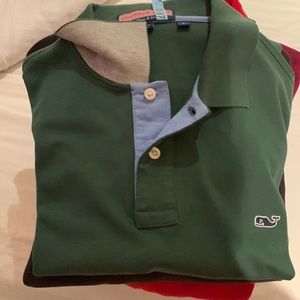 Green Vineyard Vines polo shirt. Grey under collar and blue where buttons are.